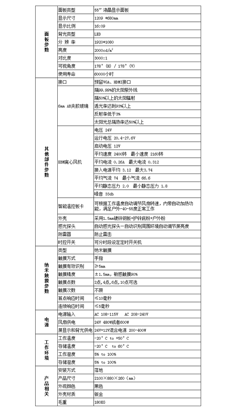 55寸戶外廣告機參數(shù)介紹